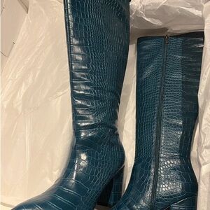 Croc-Embossed Knee-High Heeled Boots in Deep Teal